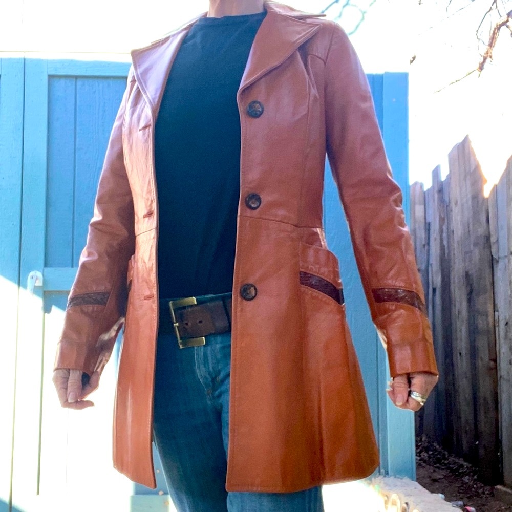Vintage 60s Ms. Pioneer leather and snakeskin jacket, orange brown, pockets, Sm